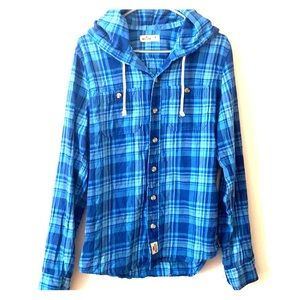Hollister Blue Plaid Hooded Button Up Shirt